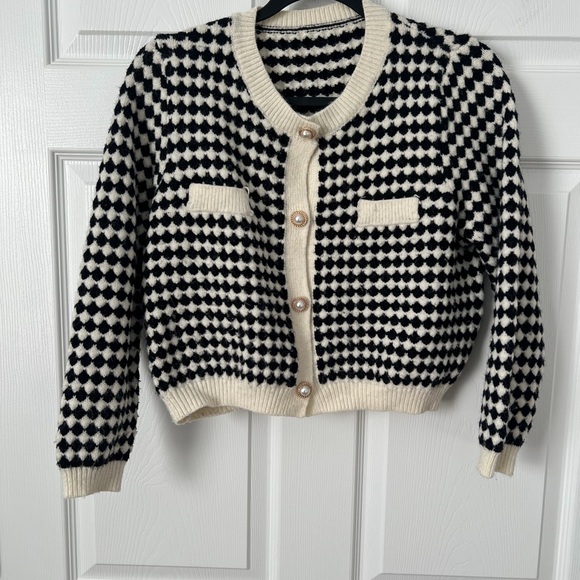 Knit Mix Elegant Knit French Cardigan, Plaid Pattern Pearl Button Front Sweater - Picture 10 of 11